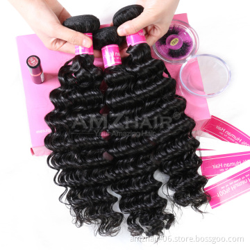 Amzhair Wholesale 10A Raw Indian Deep Wave Human Hair Weave 3 Bundle Extensions 1B Natural Color Cuticle Aligned Human Hair